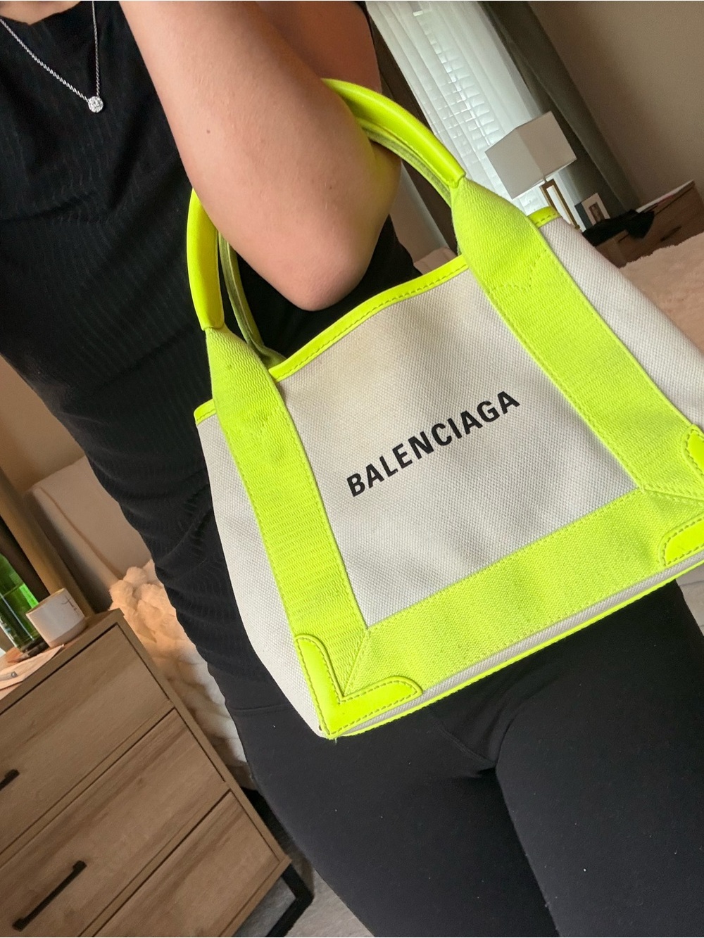 Balenciaga Canvas Tote with Neon Yellow Trim and Matching Pouch - Picture 6 of 7